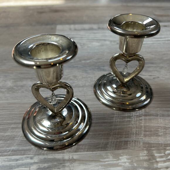 Vintage Other - Vintage Silver Heart Candlestick Holders with Crystal Dangles – Set of 2 – 3.5"